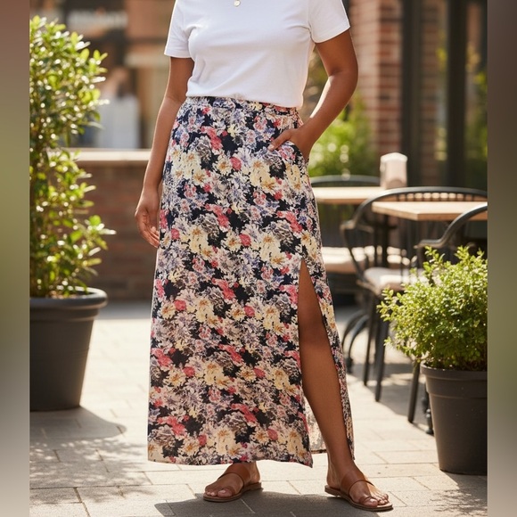 Ina Dresses & Skirts - Ina 1X Multicolor Floral Maxi Skirt Double Front Side Slits Plus Size NWOT